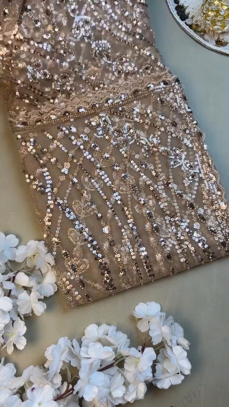 Opulent Champagne Shimmer Sequin-Embellished Net Saree – A Masterpiece of Glitz