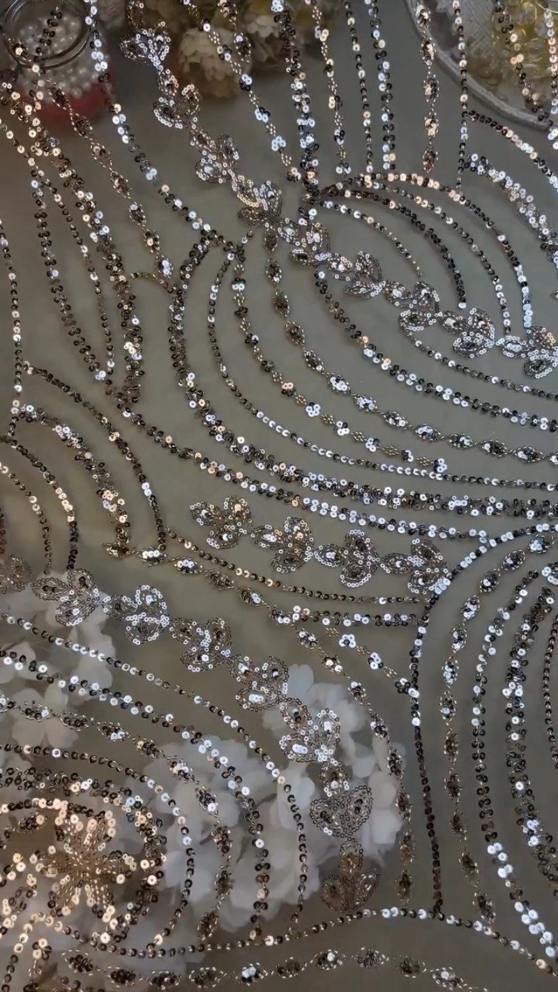 Opulent Champagne Shimmer Sequin-Embellished Net Saree – A Masterpiece of Glitz - Image 3