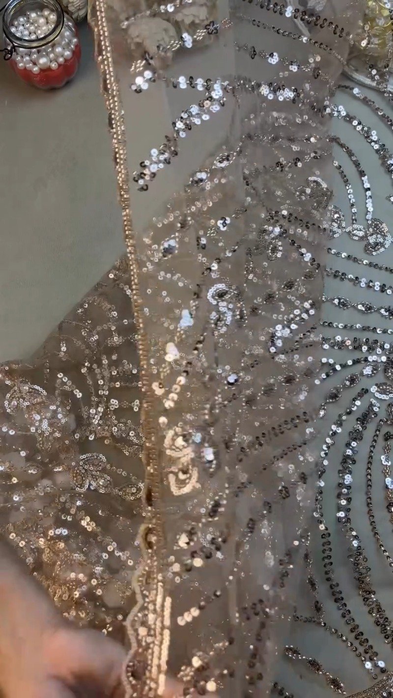 Opulent Champagne Shimmer Sequin-Embellished Net Saree – A Masterpiece of Glitz - Image 4
