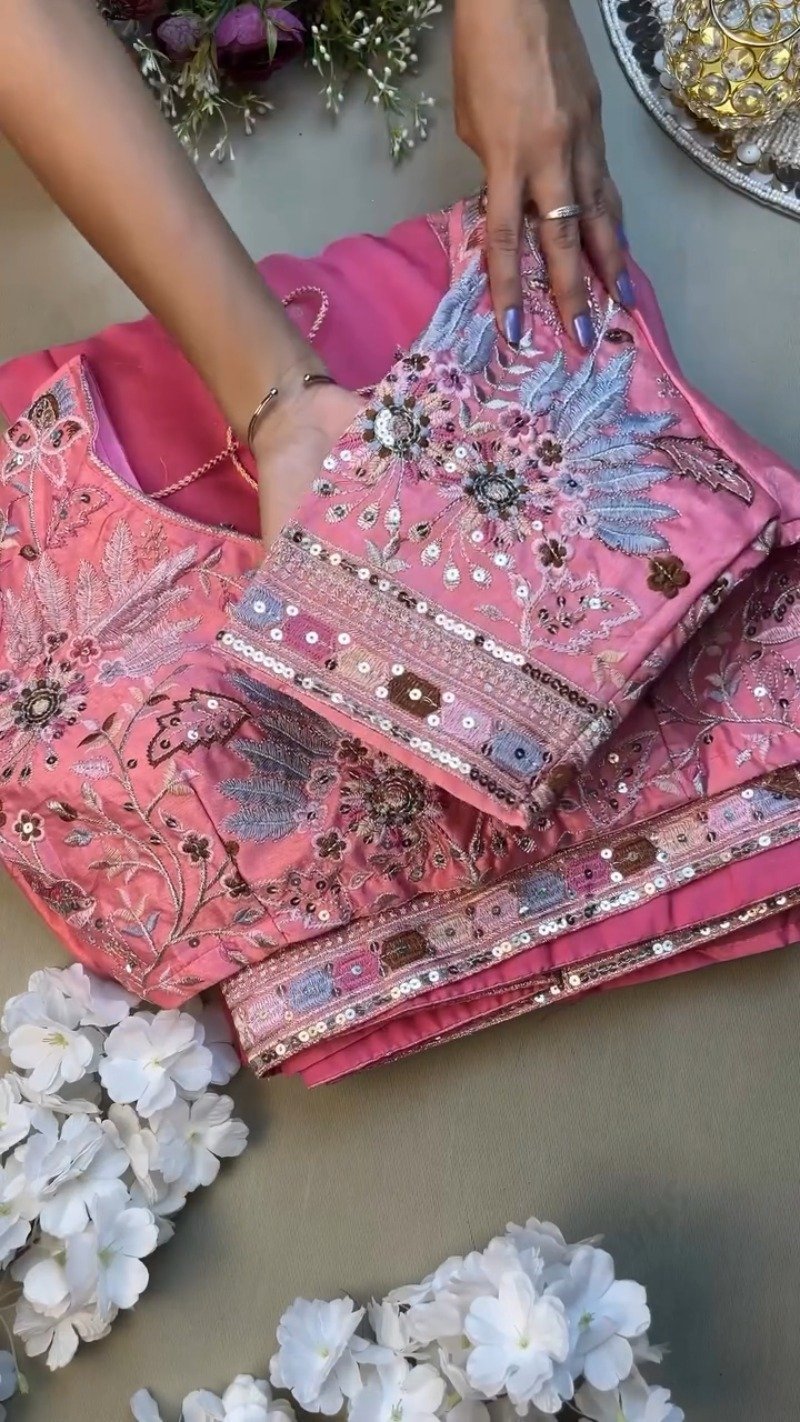 Rosy Radiance Floral Embroidered Saree Set – Available in Vibrant Pink - Image 2