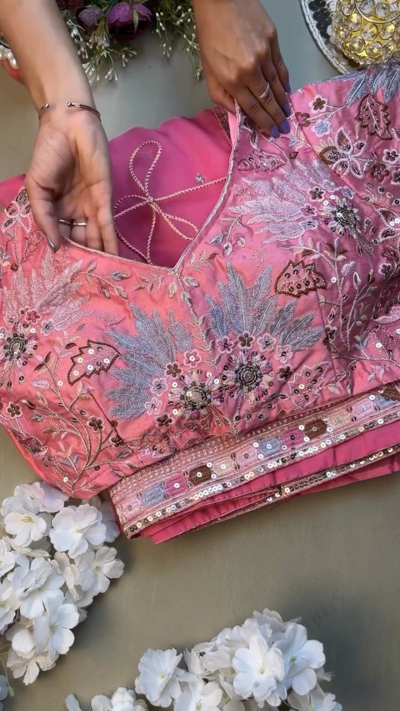 Rosy Radiance Floral Embroidered Saree Set – Available in Vibrant Pink - Image 3