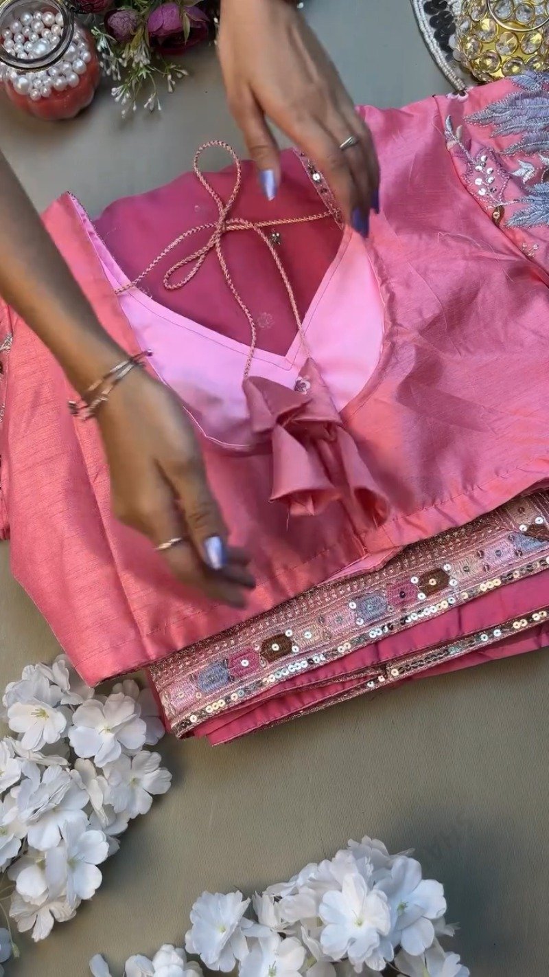 Rosy Radiance Floral Embroidered Saree Set – Available in Vibrant Pink - Image 4