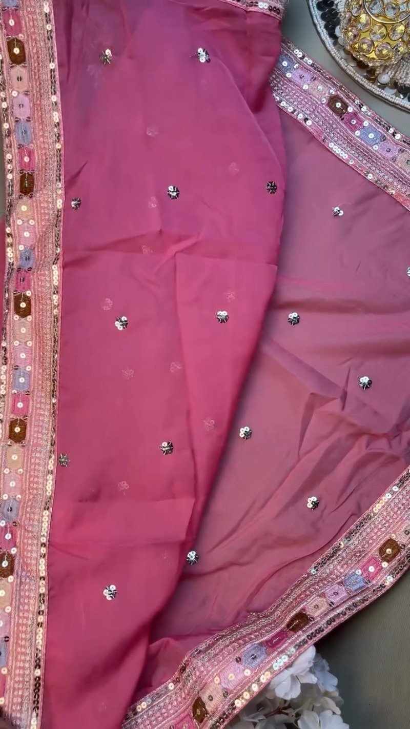 Rosy Radiance Floral Embroidered Saree Set – Available in Vibrant Pink - Image 5