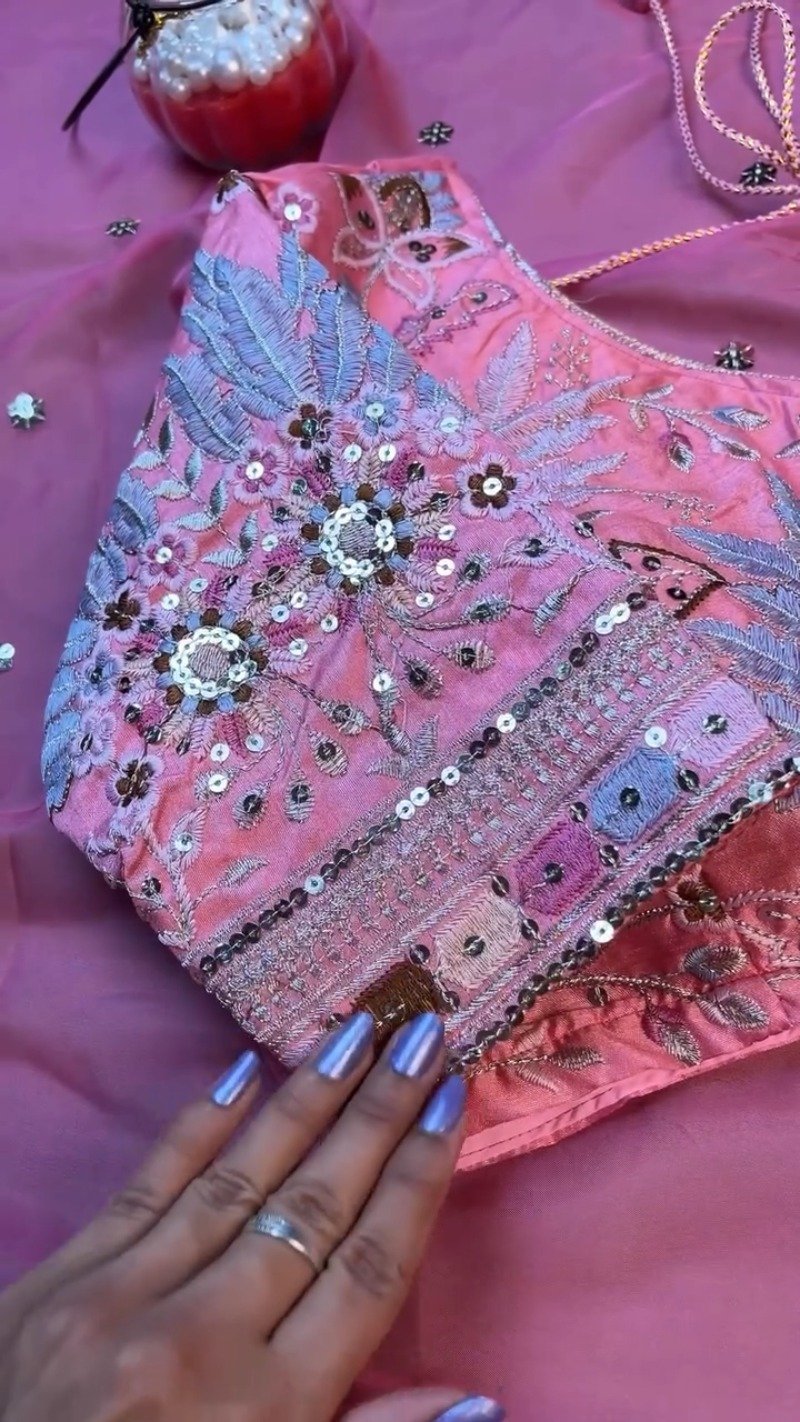 Rosy Radiance Floral Embroidered Saree Set – Available in Vibrant Pink - Image 6