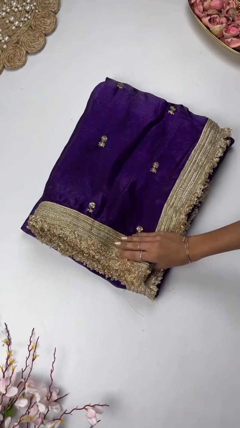Opulent Lustre Ethnic Drape with Gota-Patti Trims – Available in Royal Blue, Imperial Purple, Sage Green & Rose Pink