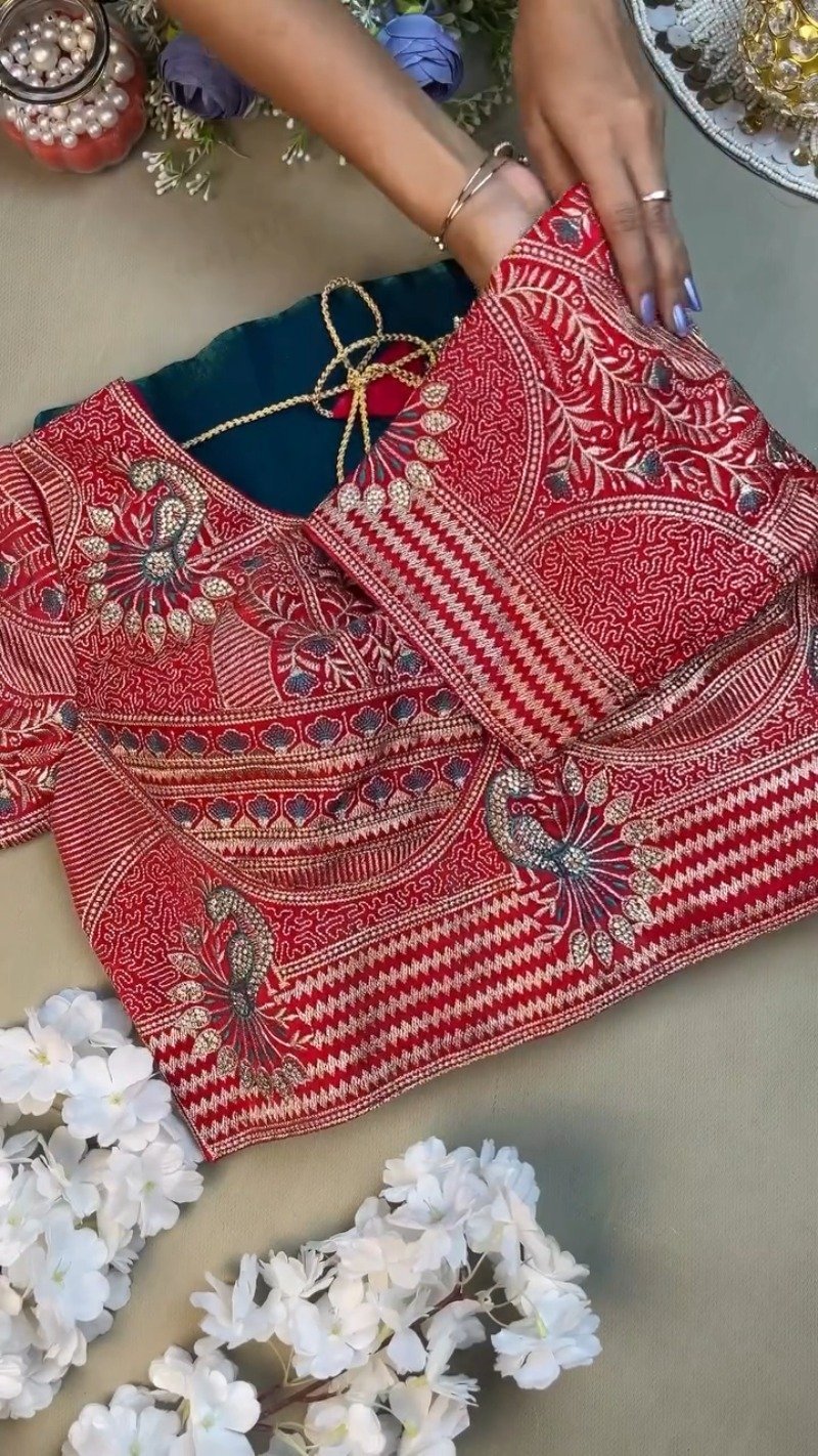 Regal Peacock Embroidered Saree Ensemble – Available in Ruby Red & Deep Teal - Image 2