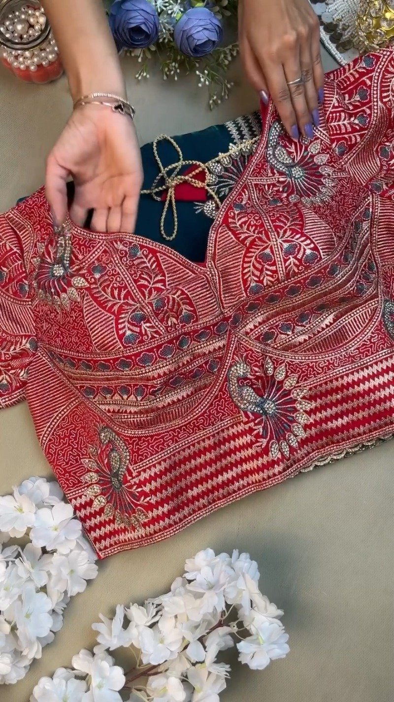 Regal Peacock Embroidered Saree Ensemble – Available in Ruby Red & Deep Teal - Image 3
