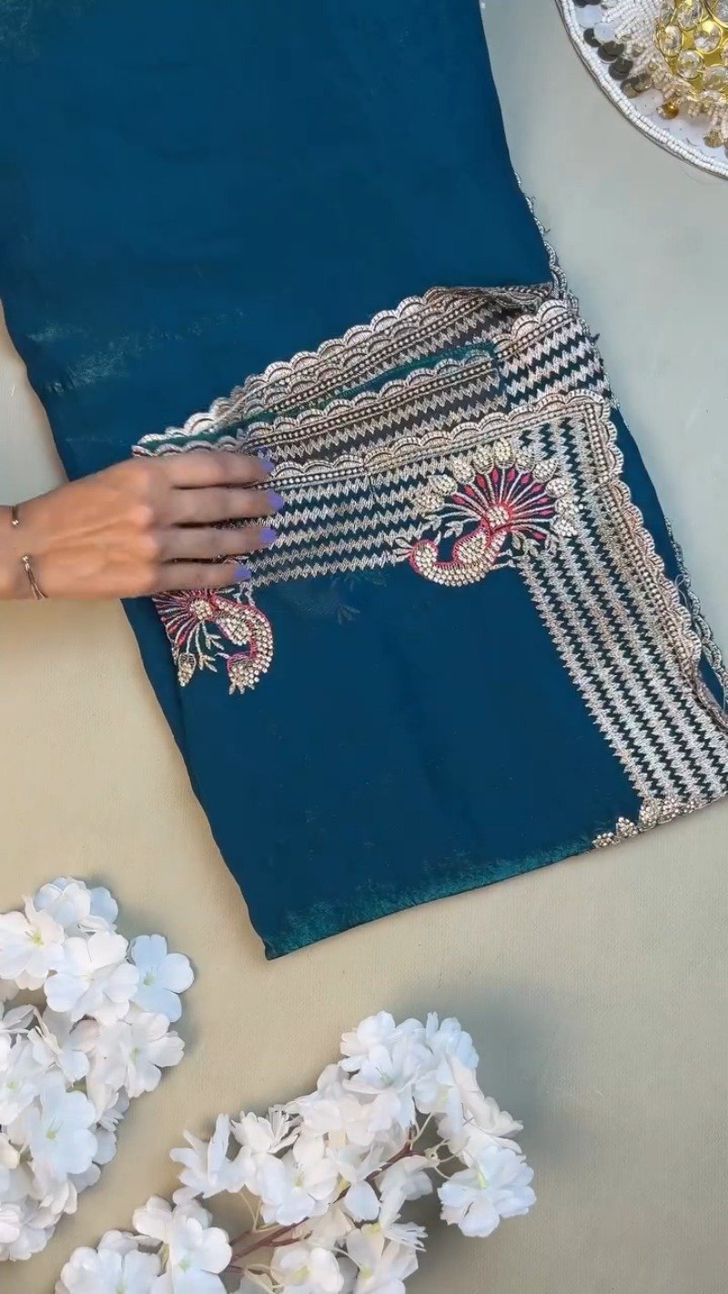 Regal Peacock Embroidered Saree Ensemble – Available in Ruby Red & Deep Teal - Image 4