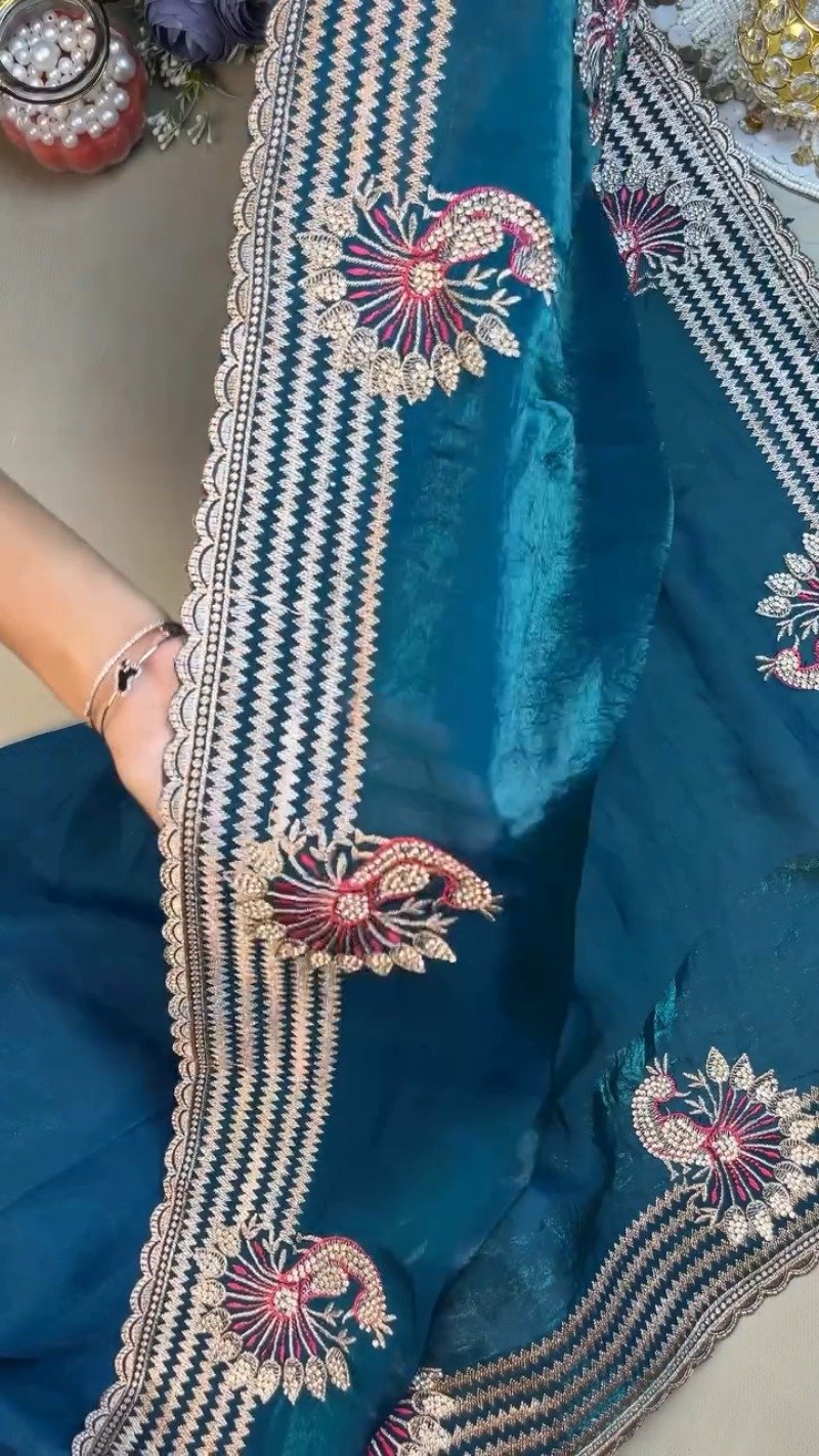 Regal Peacock Embroidered Saree Ensemble – Available in Ruby Red & Deep Teal - Image 5