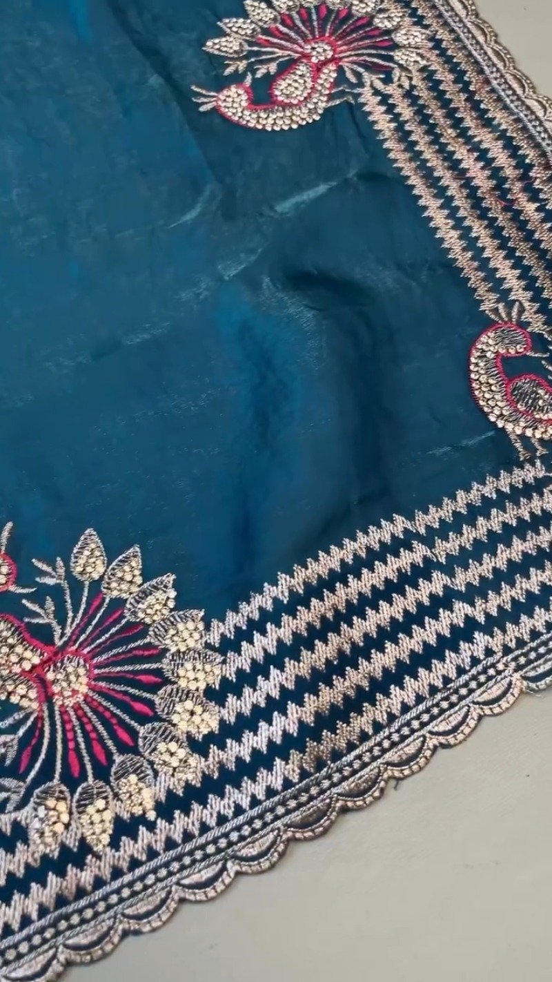 Regal Peacock Embroidered Saree Ensemble – Available in Ruby Red & Deep Teal - Image 6