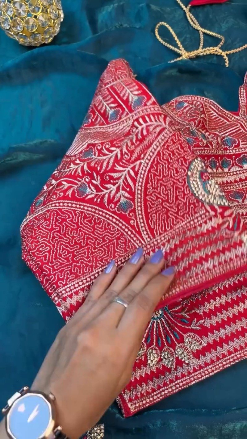 Regal Peacock Embroidered Saree Ensemble – Available in Ruby Red & Deep Teal - Image 7