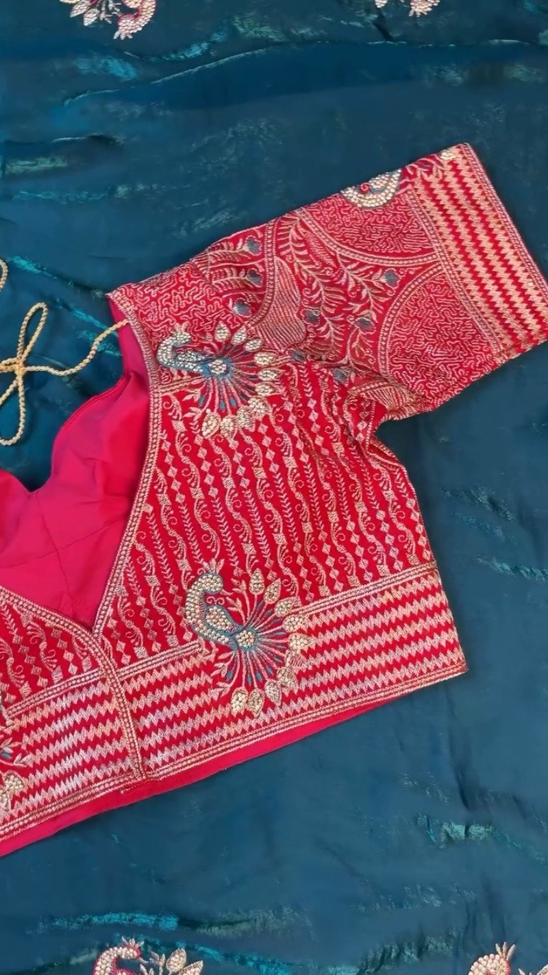 Regal Peacock Embroidered Saree Ensemble – Available in Ruby Red & Deep Teal - Image 9