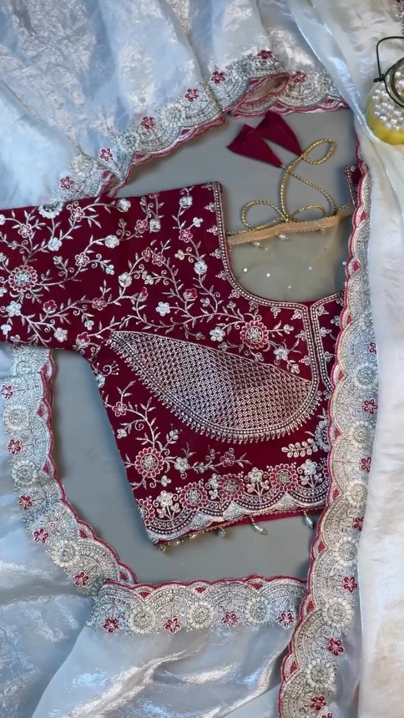 Royal Velvet & Organza Co-ordinated Set with Intricate Zari Embroidery – Available in Crimson Red & Pristine White