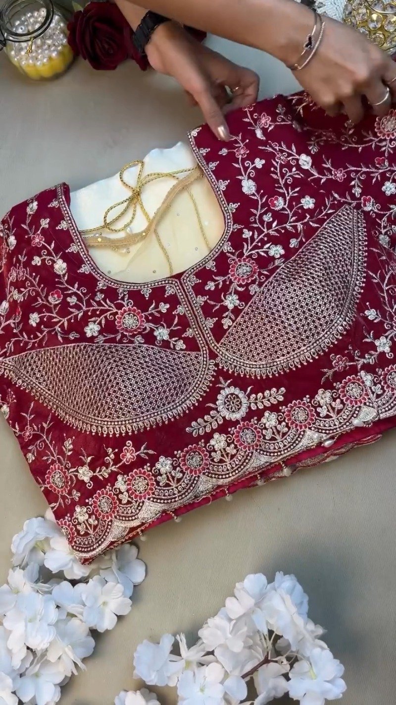 Royal Velvet & Organza Co-ordinated Set with Intricate Zari Embroidery – Available in Crimson Red & Pristine White - Image 2