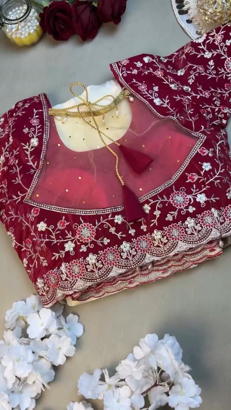 Royal Velvet & Organza Co-ordinated Set with Intricate Zari Embroidery – Available in Crimson Red & Pristine White - Image 3