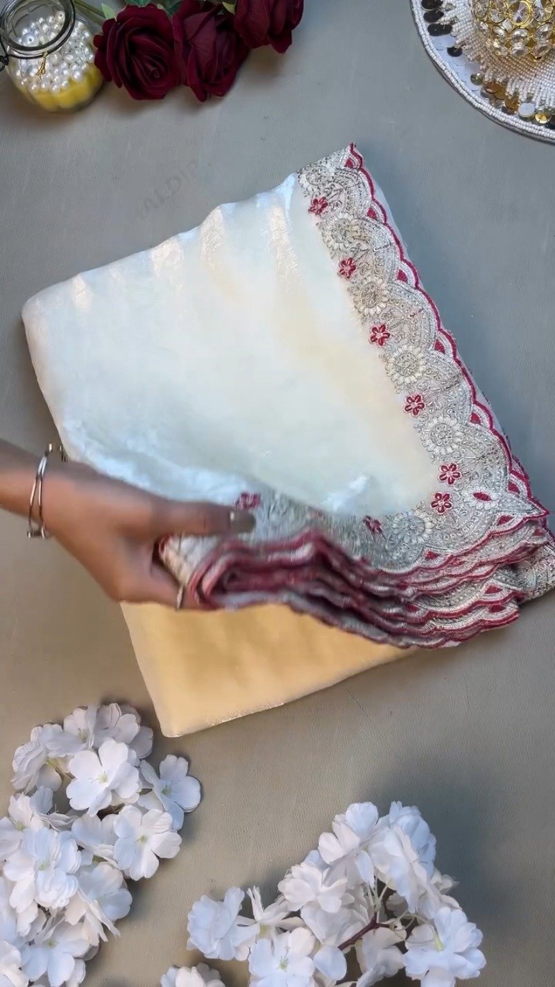 Royal Velvet & Organza Co-ordinated Set with Intricate Zari Embroidery – Available in Crimson Red & Pristine White - Image 4