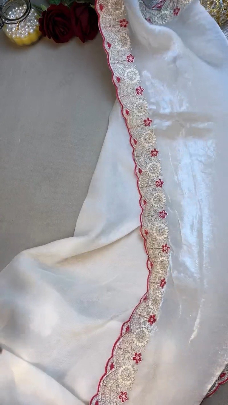 Royal Velvet & Organza Co-ordinated Set with Intricate Zari Embroidery – Available in Crimson Red & Pristine White - Image 5