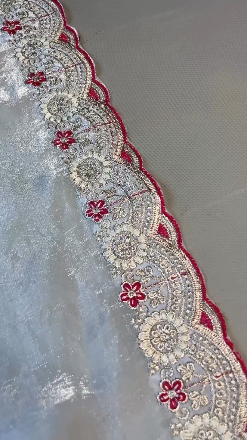 Royal Velvet & Organza Co-ordinated Set with Intricate Zari Embroidery – Available in Crimson Red & Pristine White - Image 6