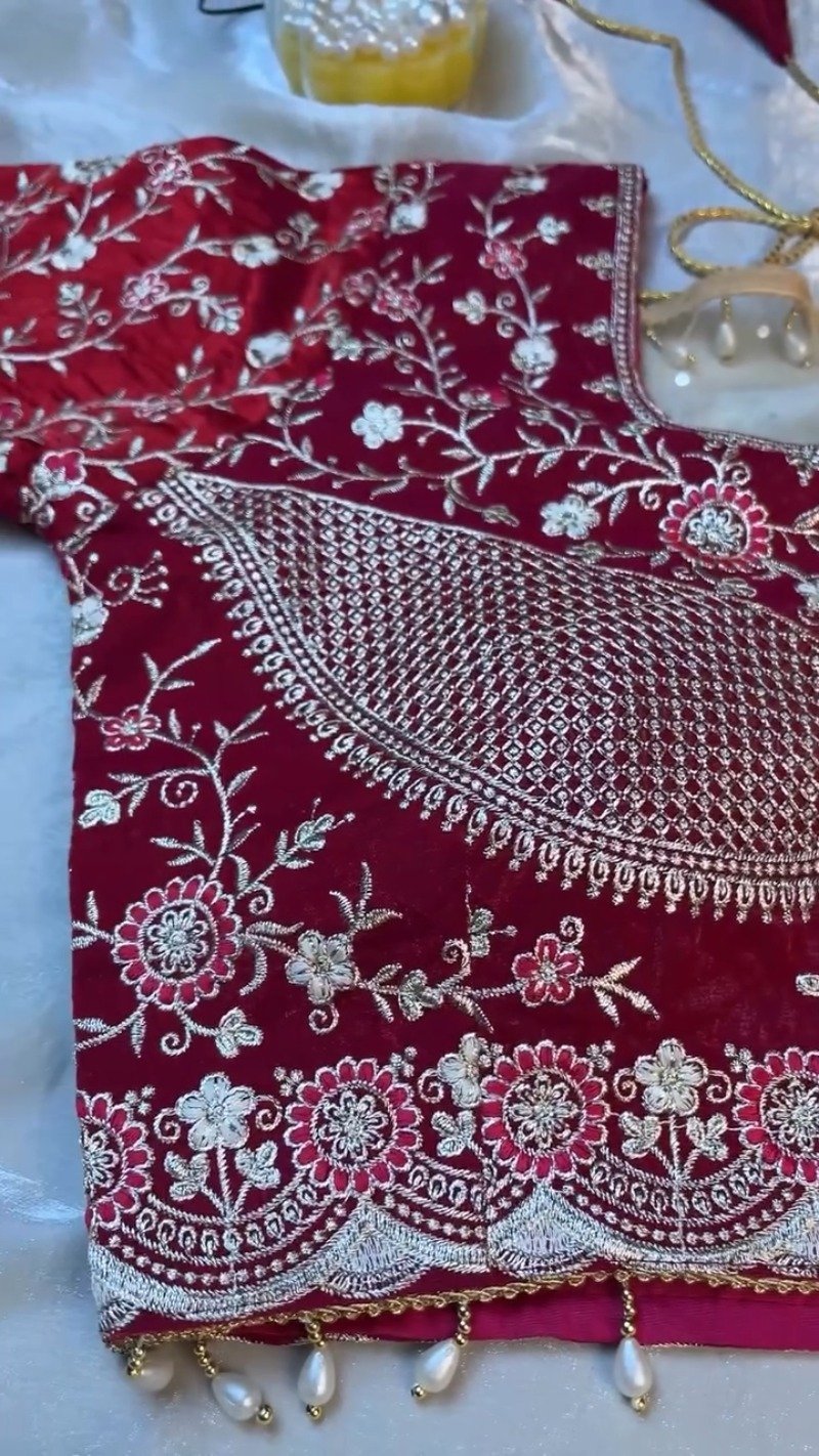 Royal Velvet & Organza Co-ordinated Set with Intricate Zari Embroidery – Available in Crimson Red & Pristine White - Image 7