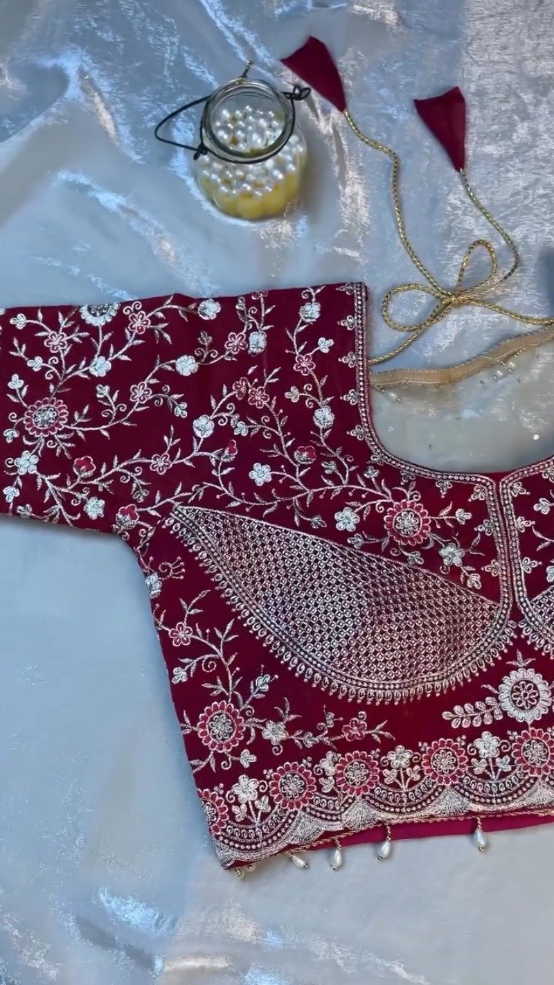 Royal Velvet & Organza Co-ordinated Set with Intricate Zari Embroidery – Available in Crimson Red & Pristine White - Image 8