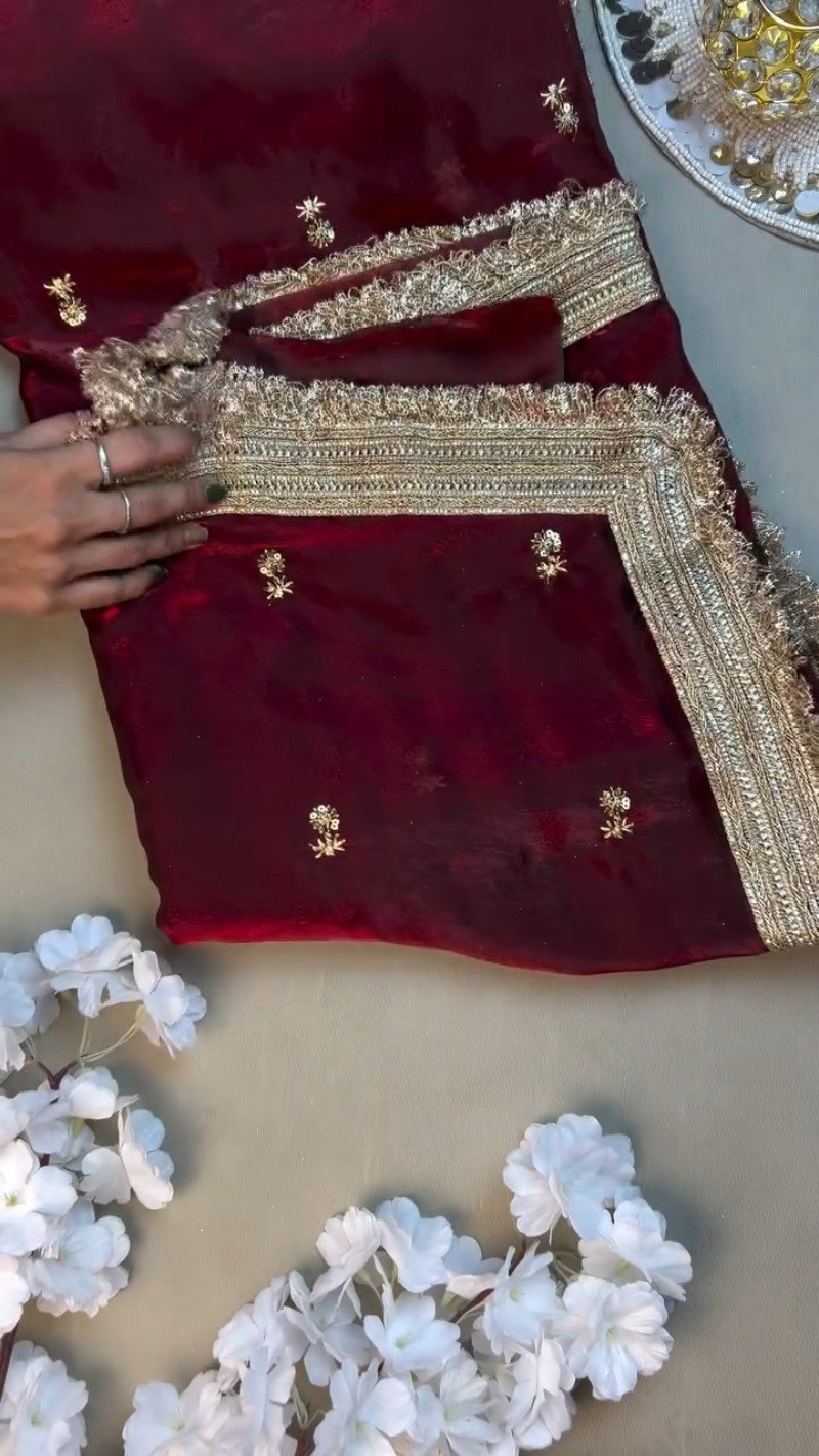 Opulent Velvet & Silk Dupatta Set – Available in Deep Burgundy & Elegant Beige - Image 2