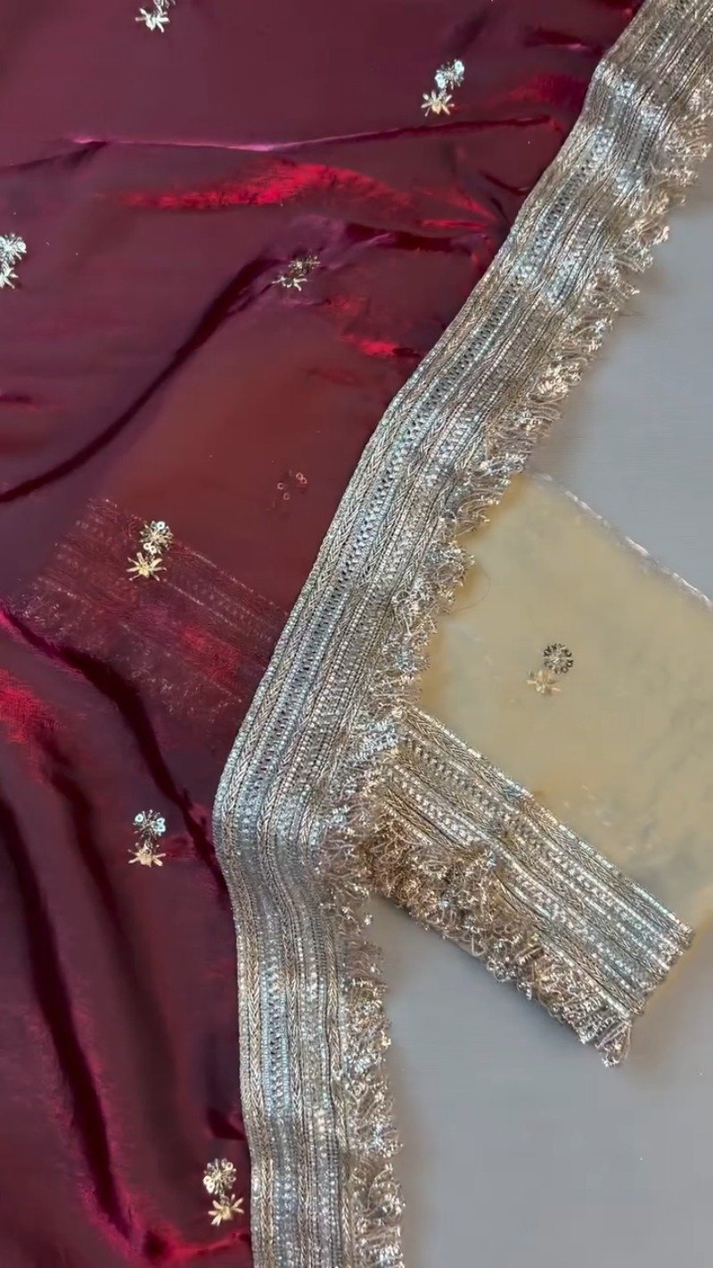 Opulent Velvet & Silk Dupatta Set – Available in Deep Burgundy & Elegant Beige - Image 5