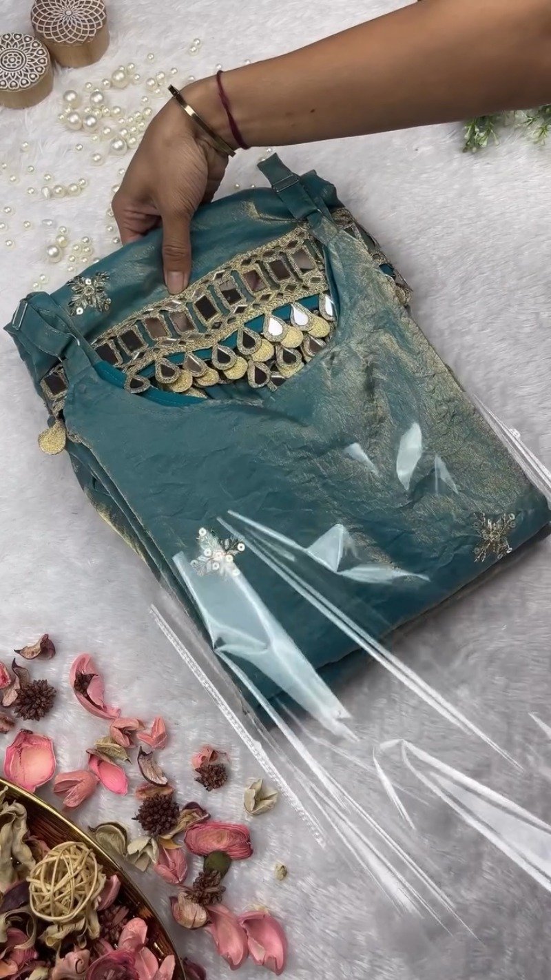 Teal Blue Shimmer Mirror-Work Kurta Set with Designer Hemline