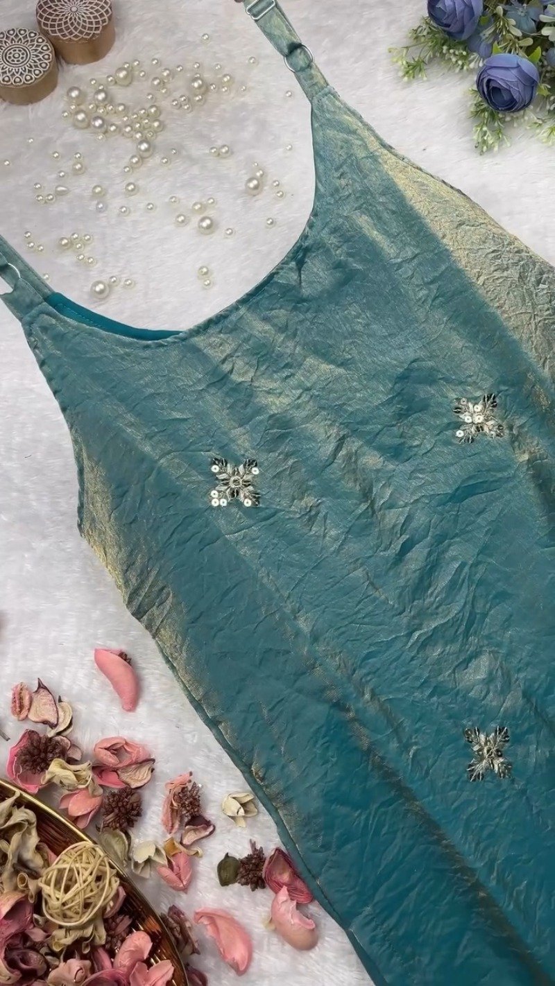 Teal Blue Shimmer Mirror-Work Kurta Set with Designer Hemline - Image 2