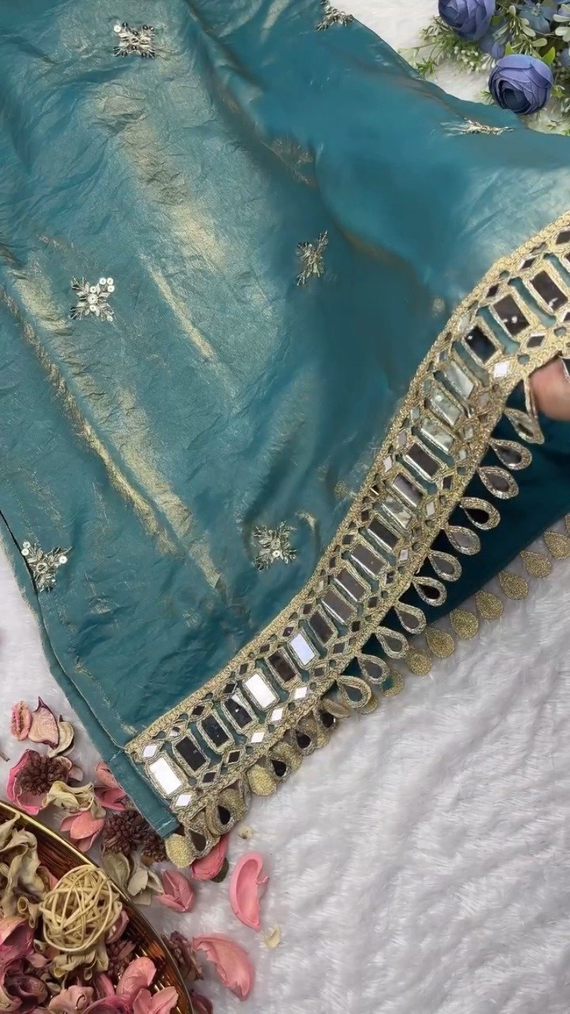 Teal Blue Shimmer Mirror-Work Kurta Set with Designer Hemline - Image 3