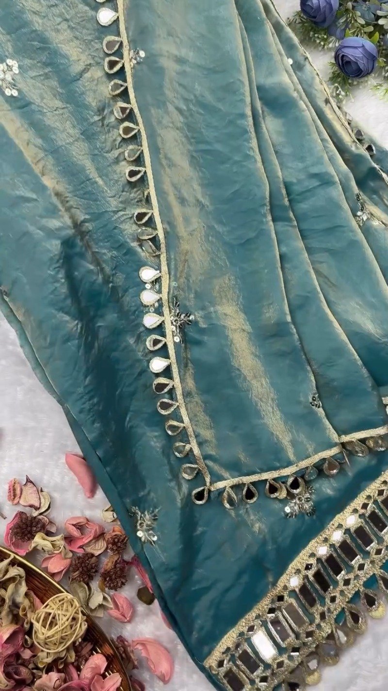 Teal Blue Shimmer Mirror-Work Kurta Set with Designer Hemline - Image 5