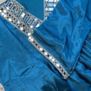 Royal Teal Mirror-Embellished Velvet-Feel Kurta Set