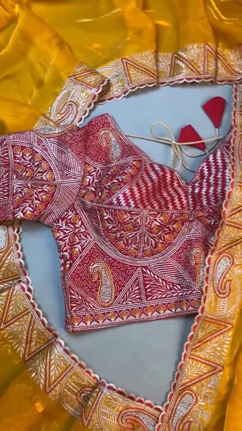 Radiant Hand-Embroidered Zardosi Saree and Blouse Set – Available in Vibrant Yellow & Classic Red