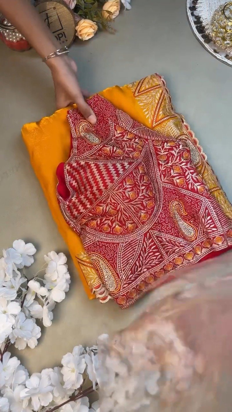 Radiant Hand-Embroidered Zardosi Saree and Blouse Set – Available in Vibrant Yellow & Classic Red - Image 2