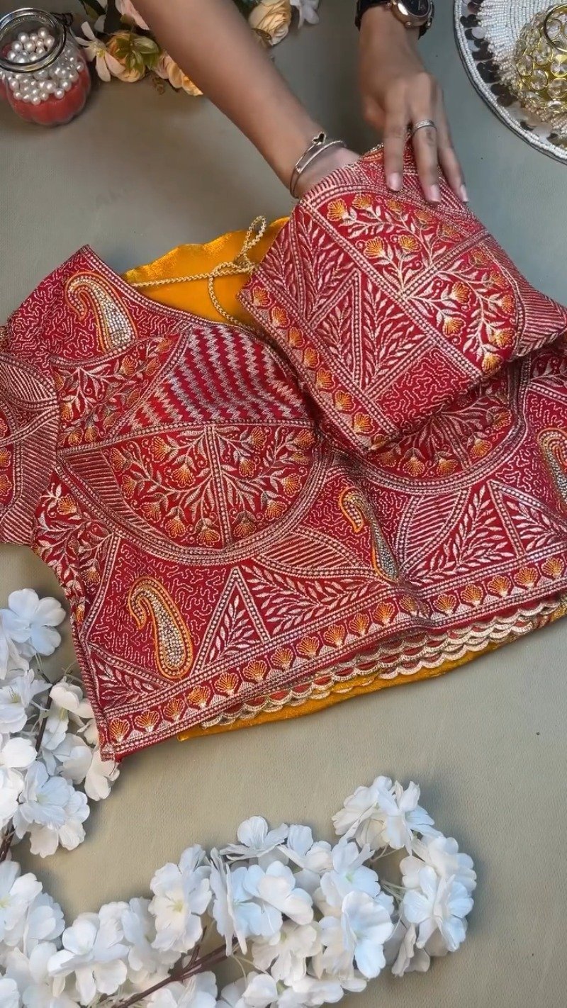 Radiant Hand-Embroidered Zardosi Saree and Blouse Set – Available in Vibrant Yellow & Classic Red - Image 3