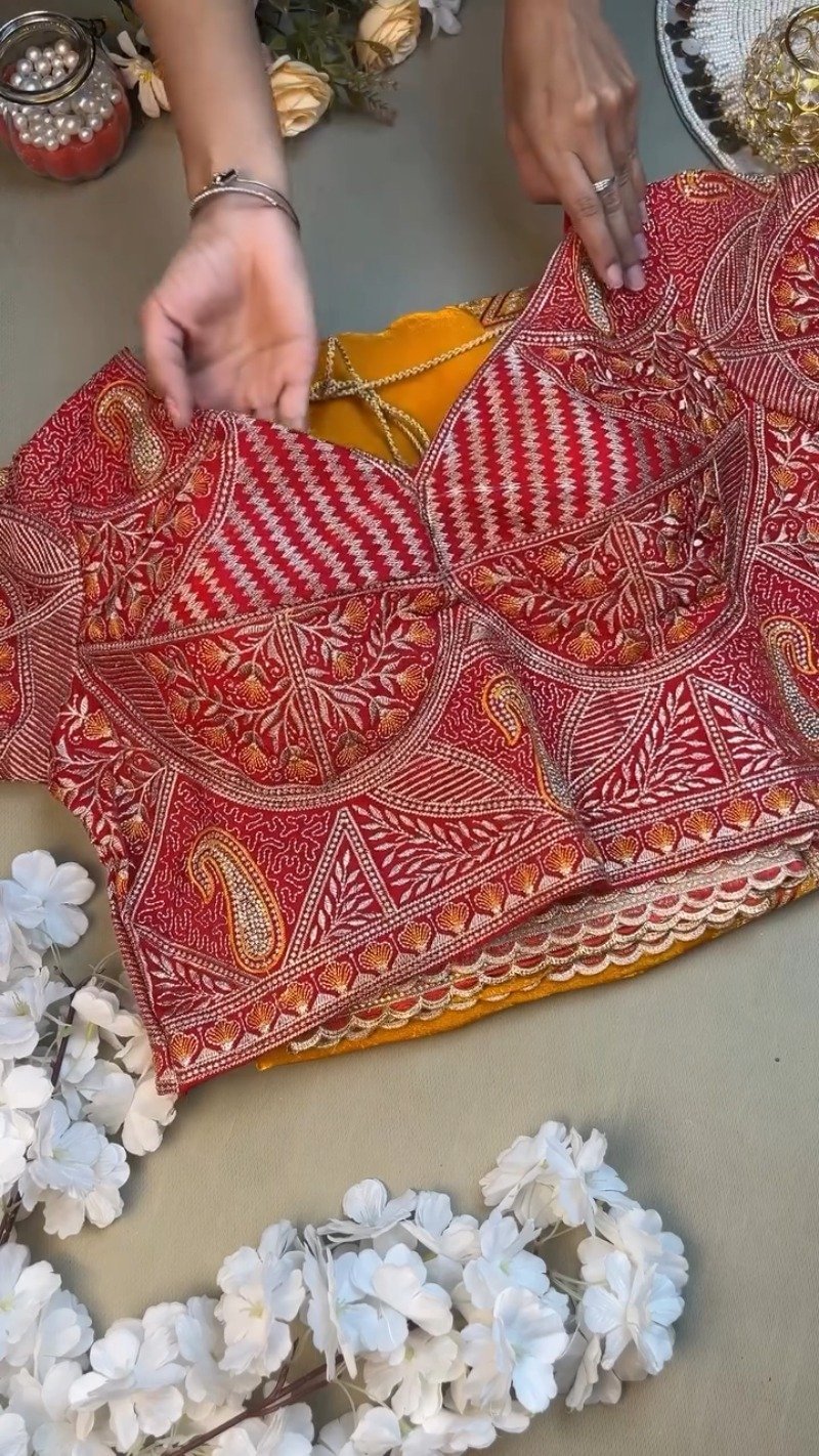 Radiant Hand-Embroidered Zardosi Saree and Blouse Set – Available in Vibrant Yellow & Classic Red - Image 4