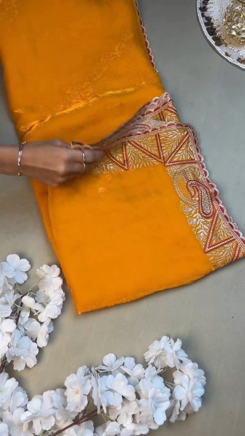 Radiant Hand-Embroidered Zardosi Saree and Blouse Set – Available in Vibrant Yellow & Classic Red - Image 5