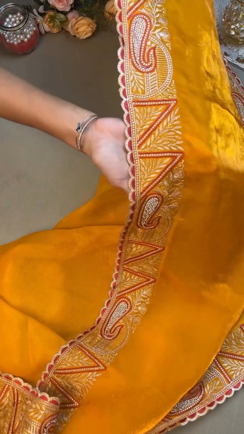 Radiant Hand-Embroidered Zardosi Saree and Blouse Set – Available in Vibrant Yellow & Classic Red - Image 6