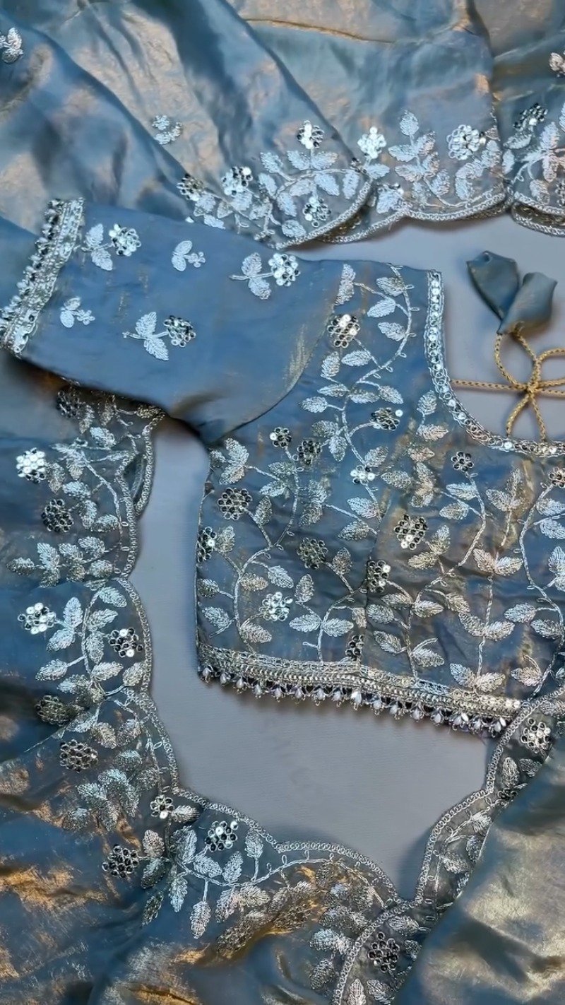 Enchanting Dusty Blue Shimmer Organza Saree Set with Silver Zari Embroidery