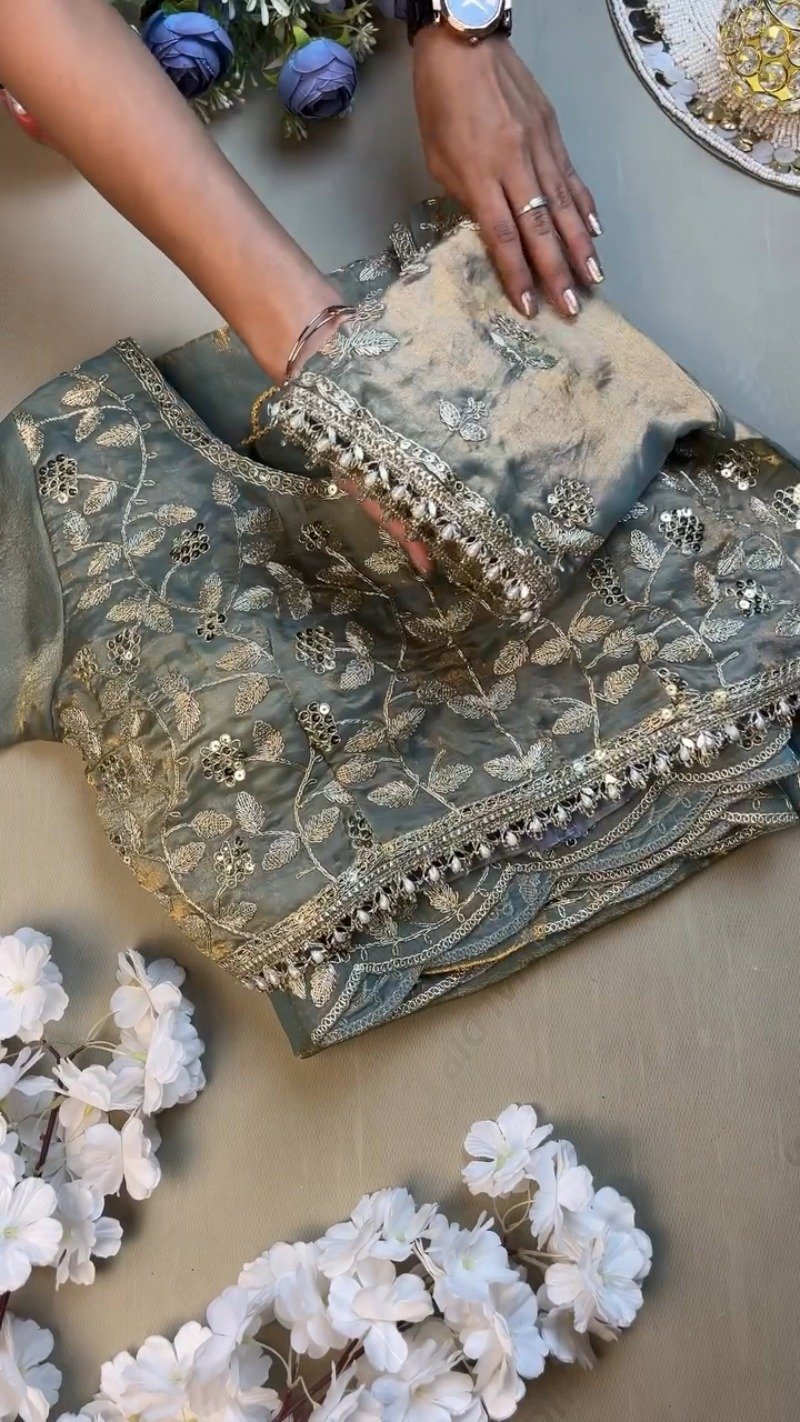 Enchanting Dusty Blue Shimmer Organza Saree Set with Silver Zari Embroidery - Image 3