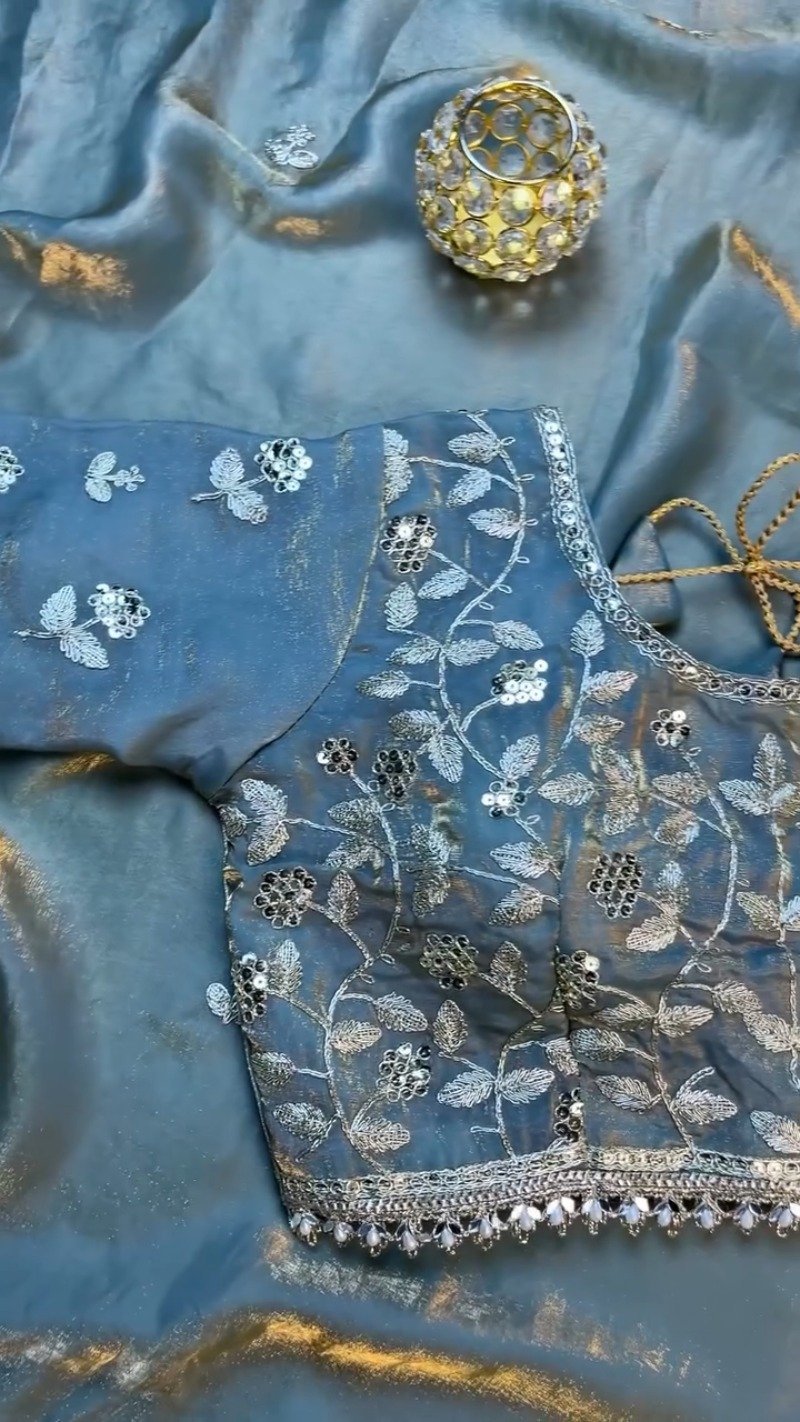 Enchanting Dusty Blue Shimmer Organza Saree Set with Silver Zari Embroidery - Image 8