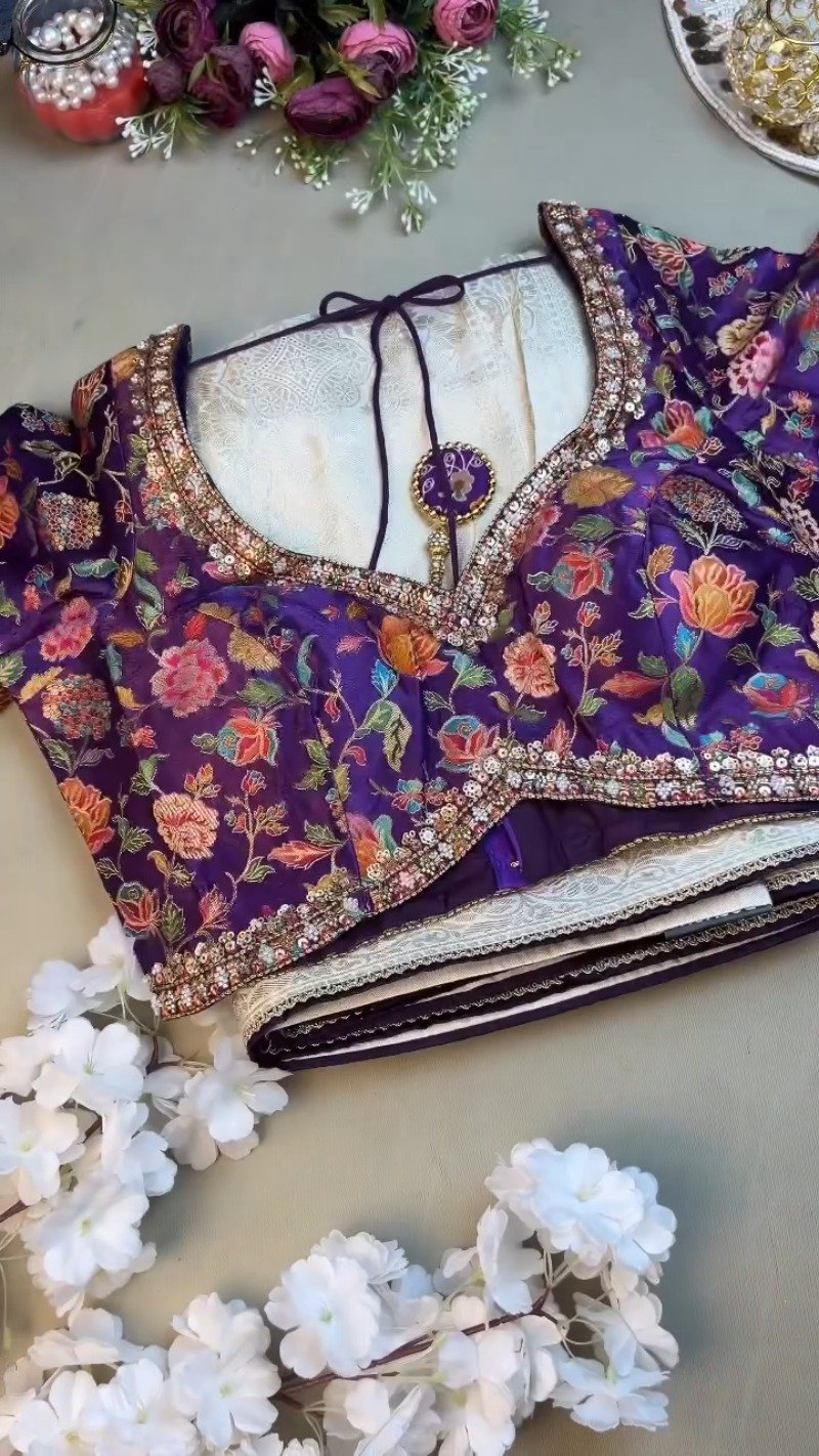 Royal Purple Floral Embroidered Silk Blouse & Off-White Kanjeevaram Saree Set - Image 2