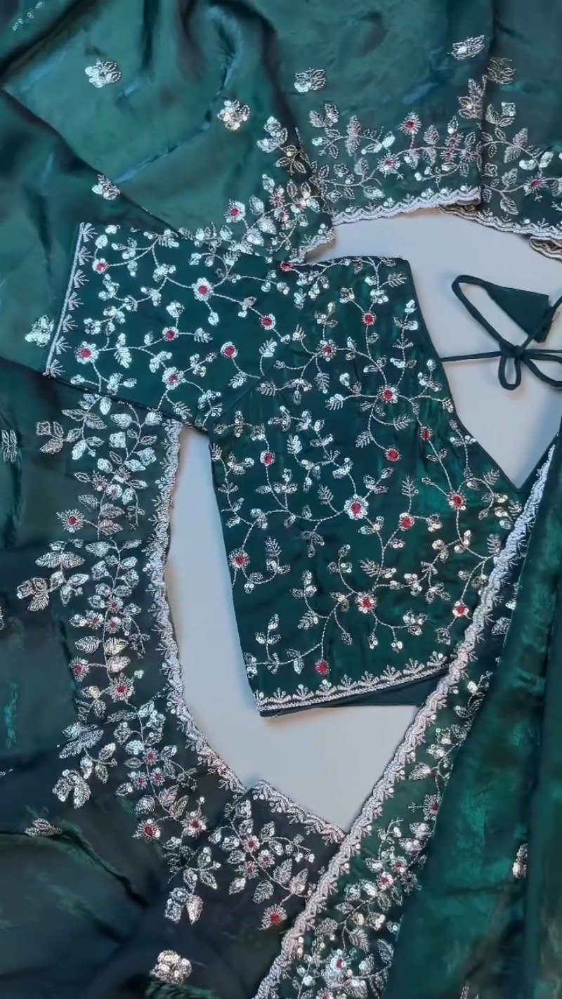 Midnight Emerald Embroidered Silk Blouse – A Timeless Ethnic Essential