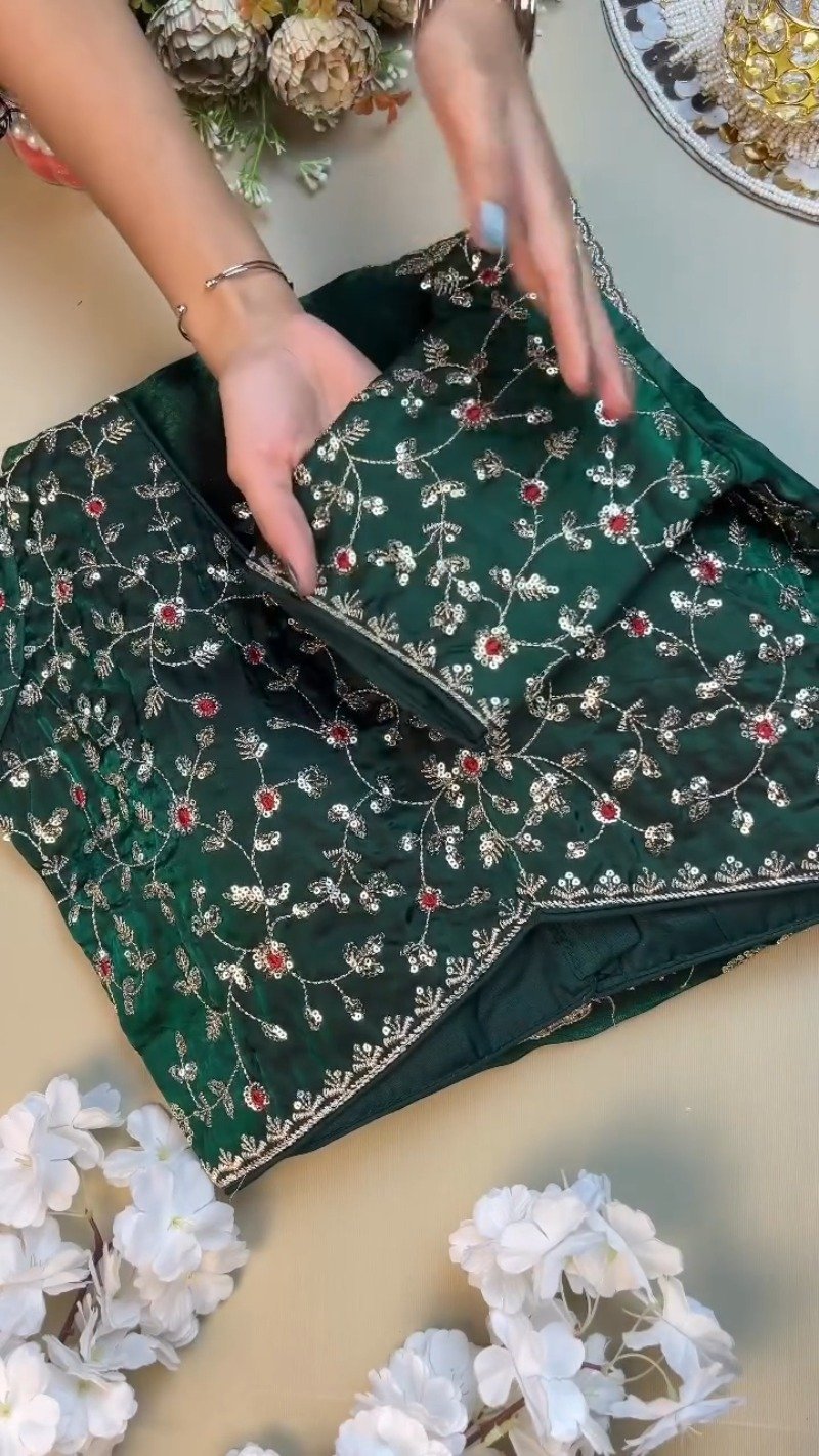 Midnight Emerald Embroidered Silk Blouse – A Timeless Ethnic Essential - Image 3