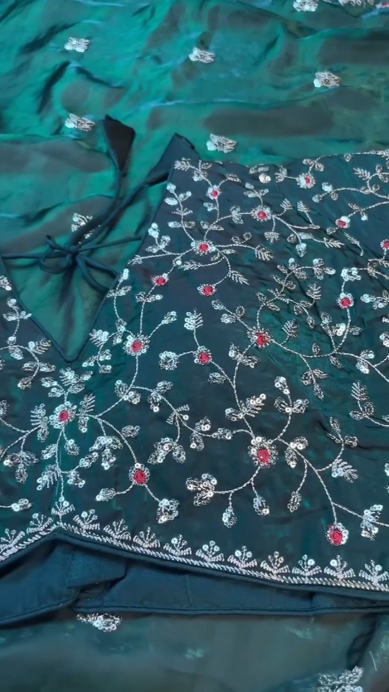 Midnight Emerald Embroidered Silk Blouse – A Timeless Ethnic Essential - Image 7