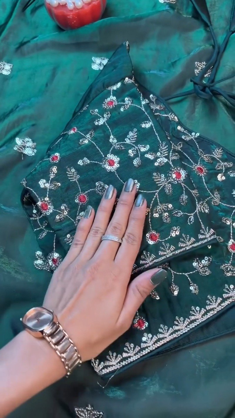 Midnight Emerald Embroidered Silk Blouse – A Timeless Ethnic Essential - Image 8