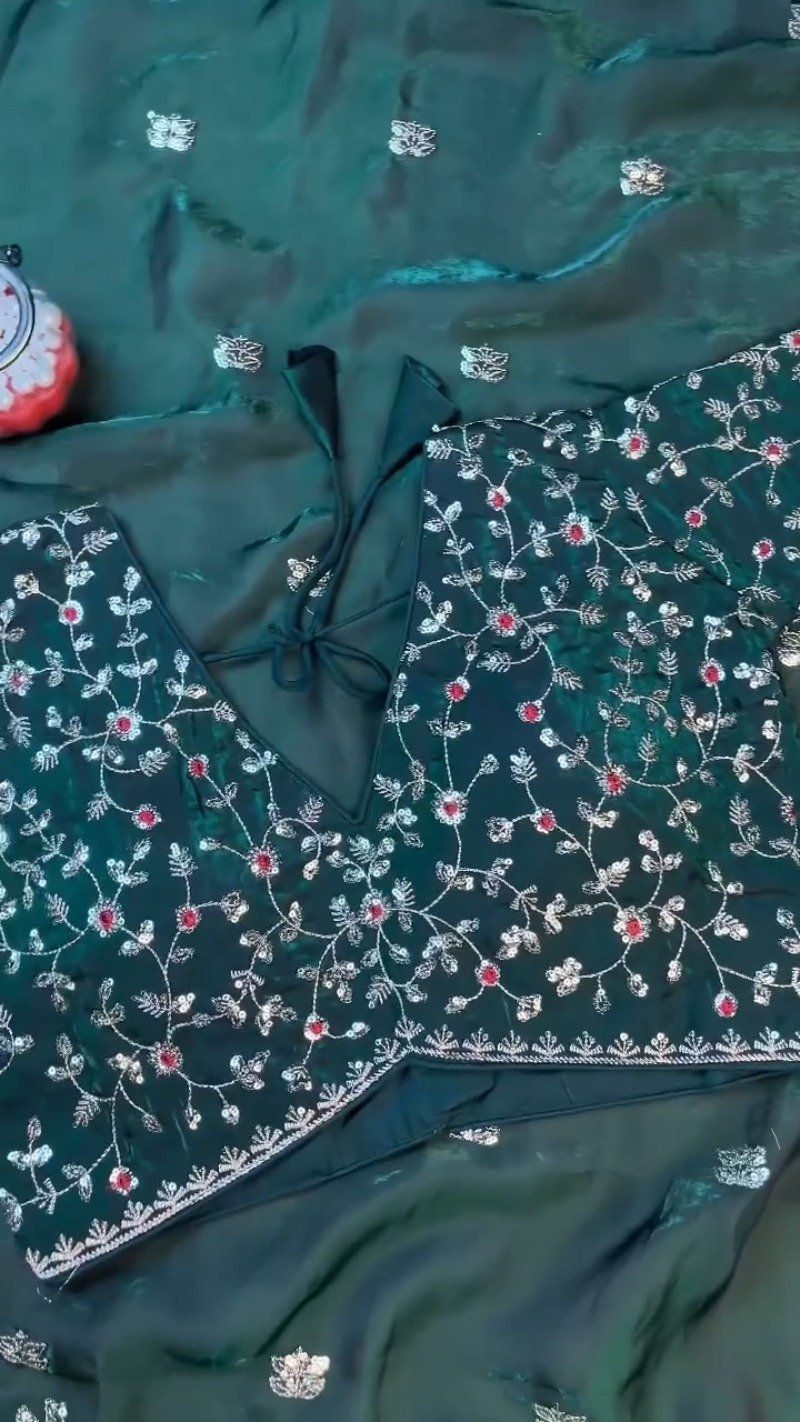 Midnight Emerald Embroidered Silk Blouse – A Timeless Ethnic Essential - Image 9