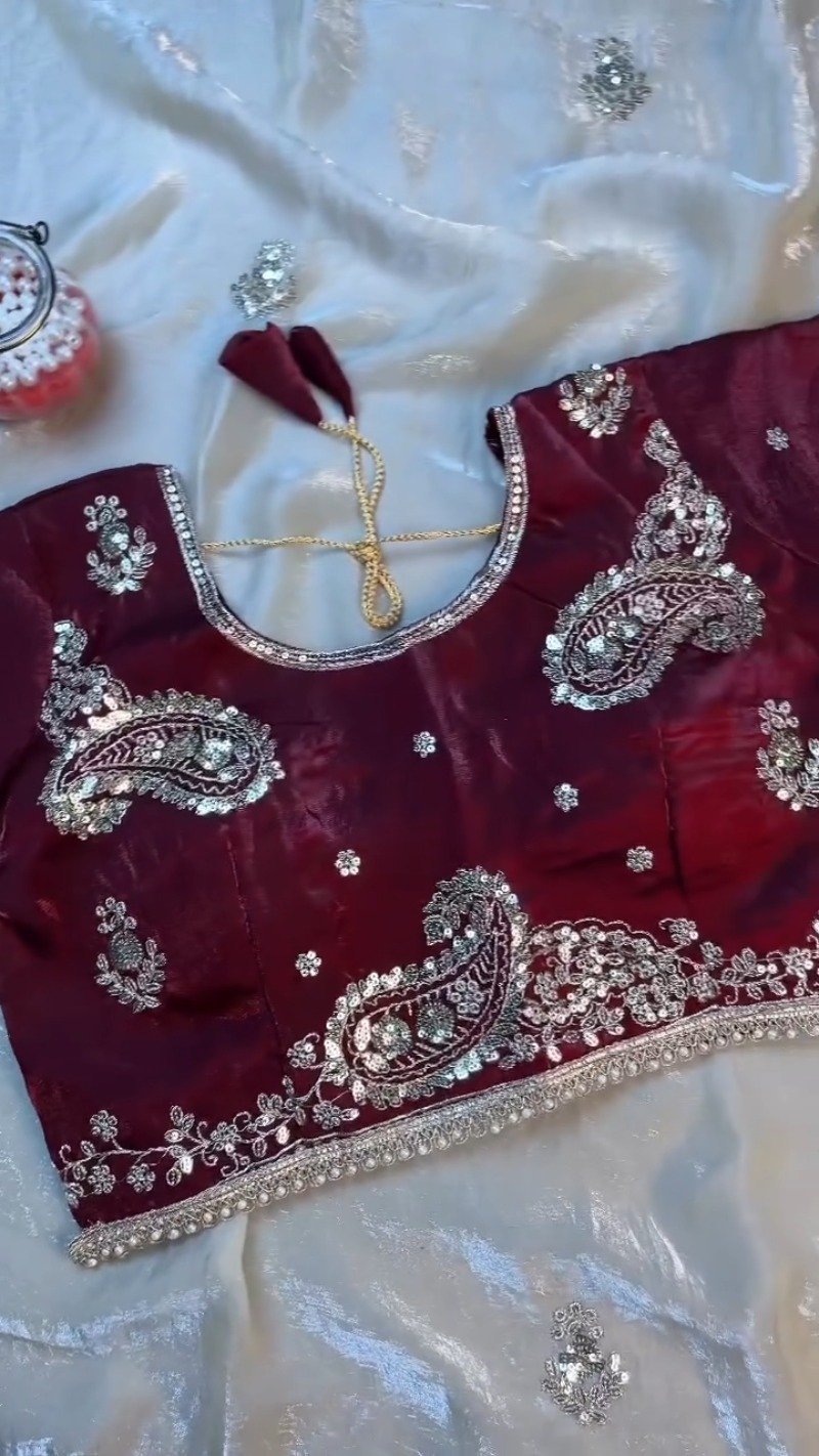 Opulent Paisley Embellished Saree Set – Available in Wine & Champagne - Image 6
