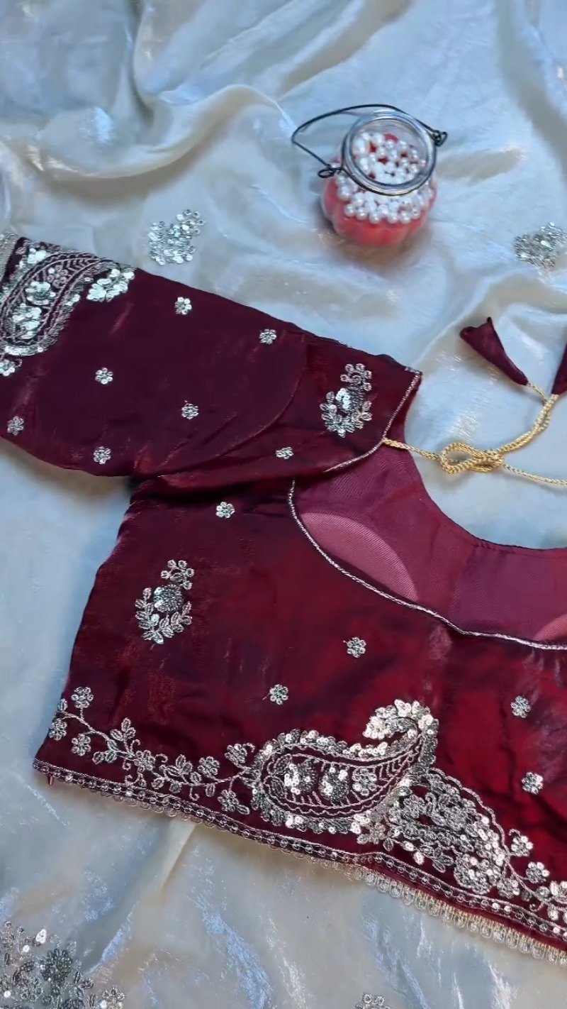 Opulent Paisley Embellished Saree Set – Available in Wine & Champagne - Image 7