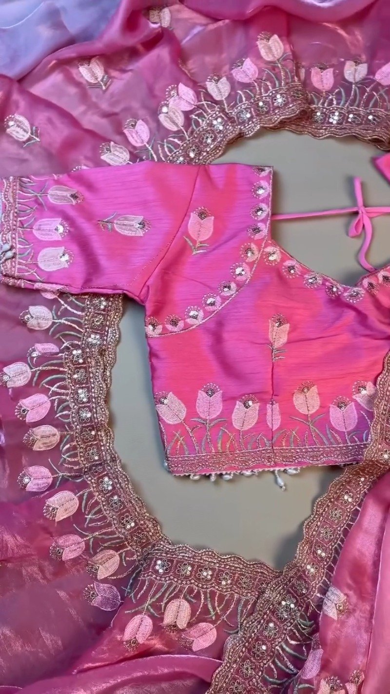 Floral Tulip Embroidered Designer Saree with Embellished Blouse – Available in Radiant Pink & Serene Sky Blue