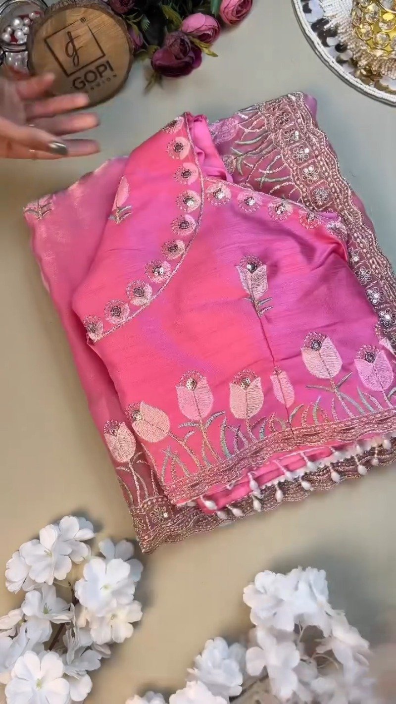 Floral Tulip Embroidered Designer Saree with Embellished Blouse – Available in Radiant Pink & Serene Sky Blue - Image 2